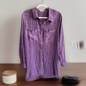 CATO Womens Linen Blend Tunic Top Plus Size Purple‎ Button Down Roll Tab Sleeve